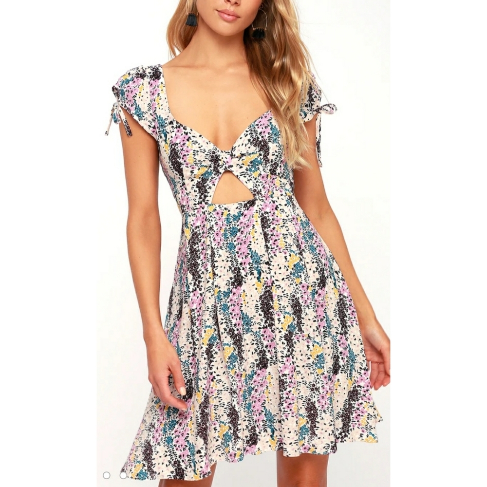 Free People multi color floral woven blend cut-out cap sleeve mini dress XS